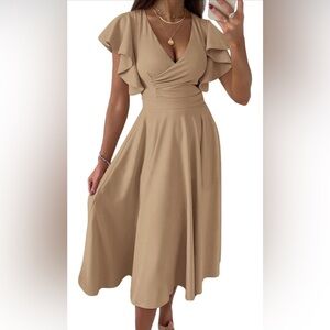 PRETTYGARDEN Womens 2024 Summer Midi Dress Ruffle Cap Sleeve V Neck Swing A Line